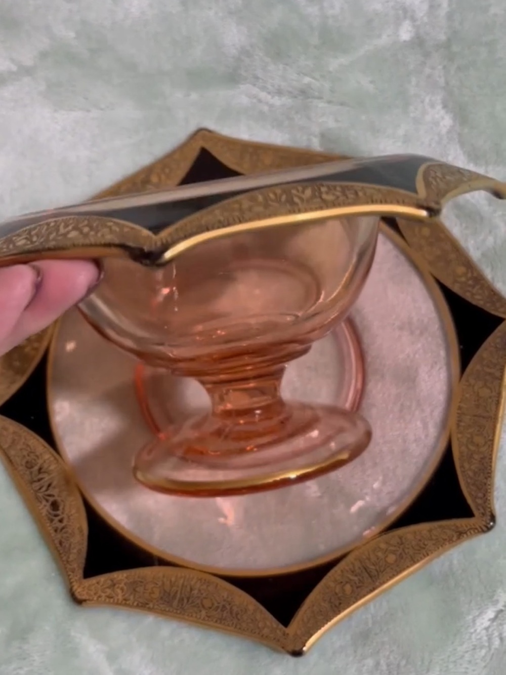 Vintage Tiffin Franciscan Pink Black Gold Gilted Compote Serving Set, 3 piece